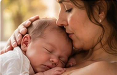 Mother gently kissing her newborn baby